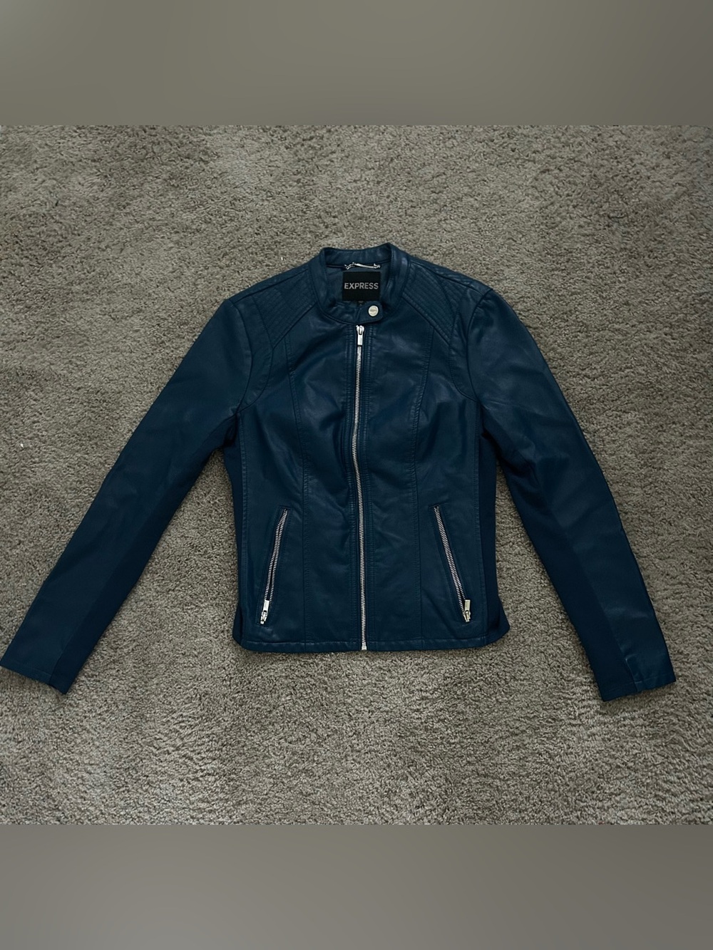 Express Navy Faux-Leather Zip-Up Moto Jacket